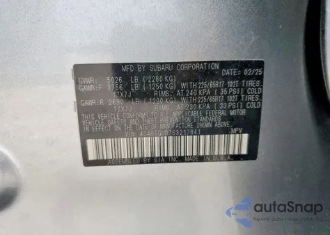 2025 Subaru Outback Wilderness z USA, uszkodzony, nr VIN 4S4BTGUD7S3217841